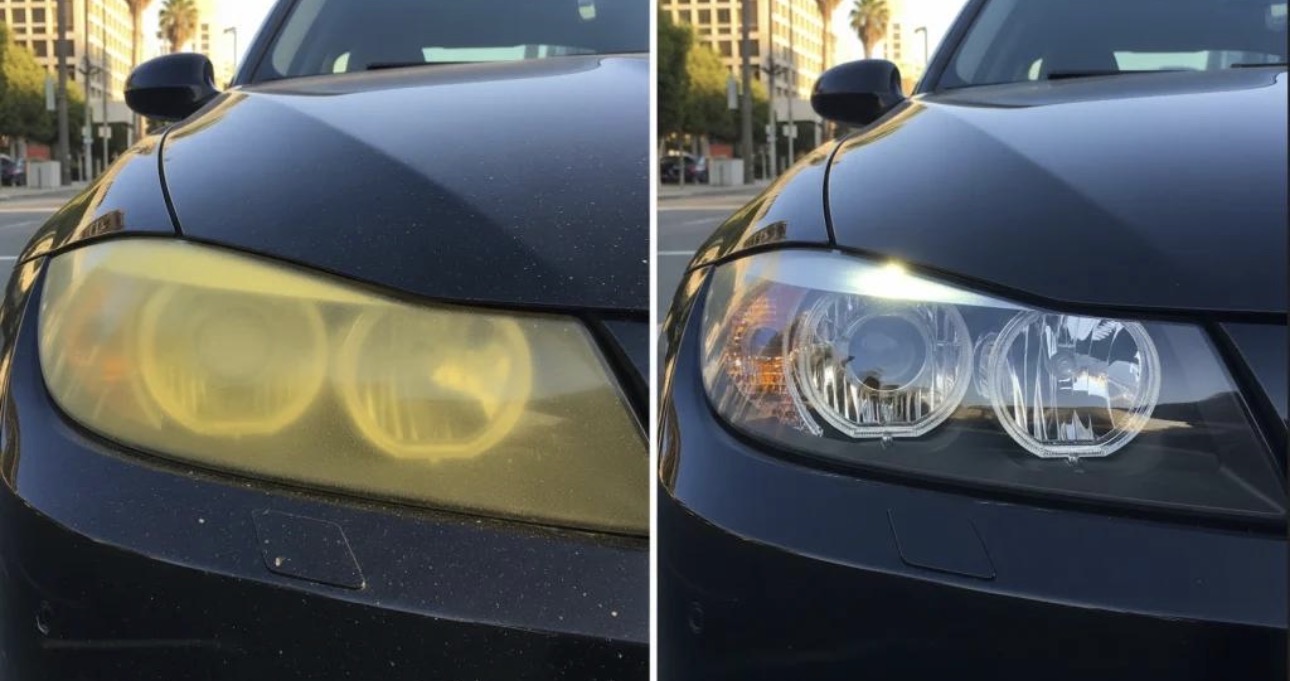 2008 BMW 328i headlight before and after restoration