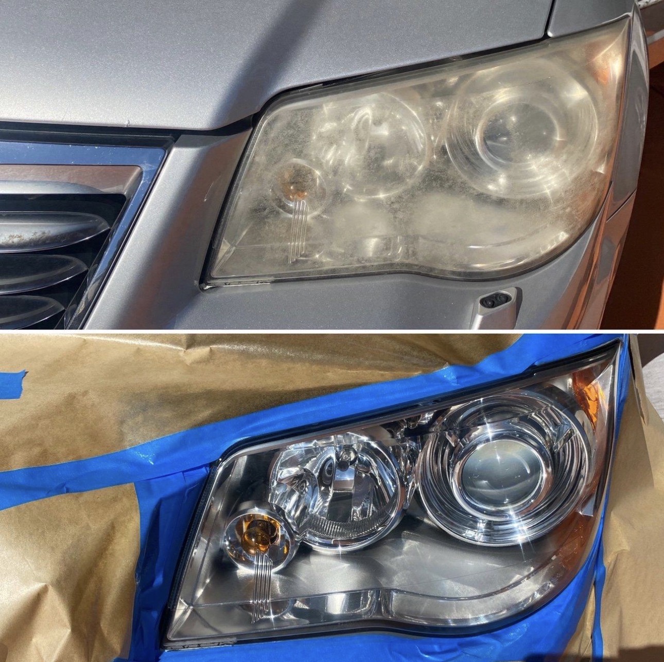 2011 Chrysler Town & Country headlight before and after restoration